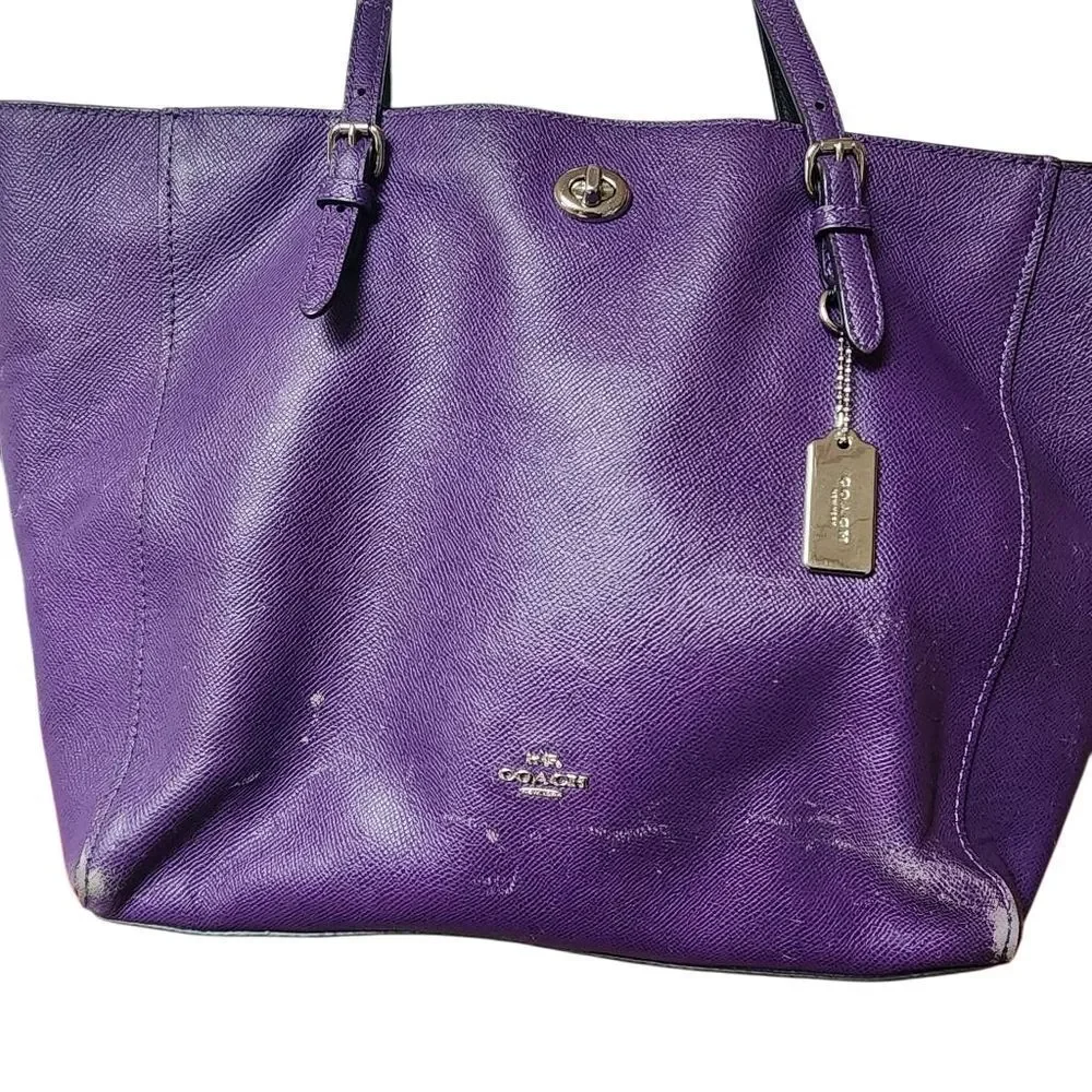 Coach Purple Pebbled Leather Turnlock Tote Bag